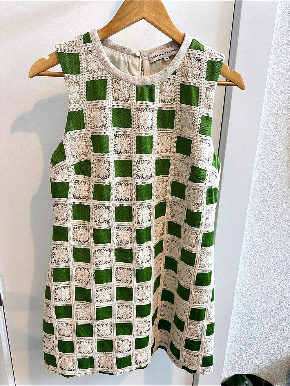 English Factory Crochet Patchwork Mini Dress Green & Cream Medium
